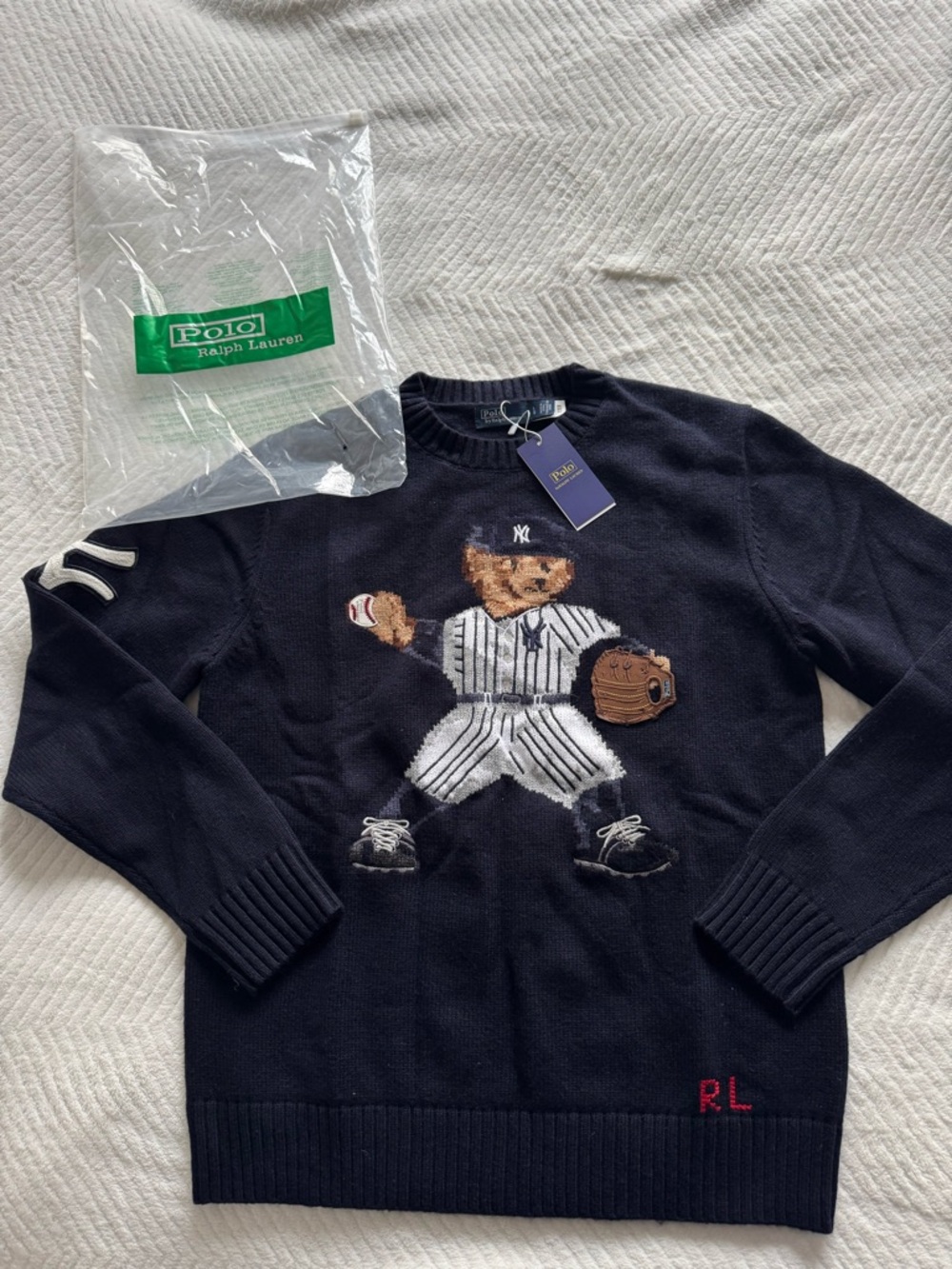 Polo Bear RL RARE Yankees Navy Baseball Sweater L Wool